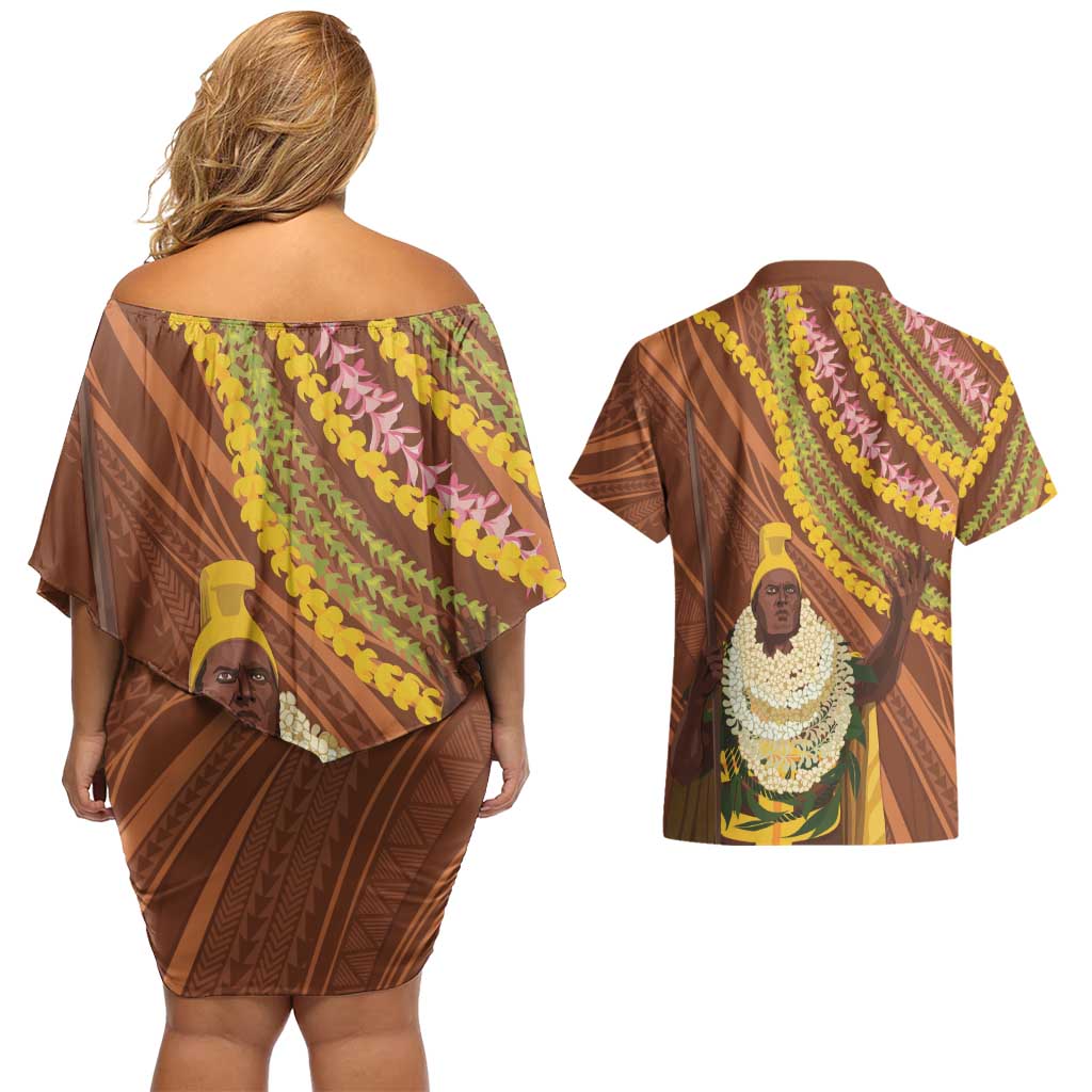 Hawaii King Kamehameha Couples Matching Off Shoulder Short Dress and Hawaiian Shirt Hawaiian Kakau Pattern With Leis