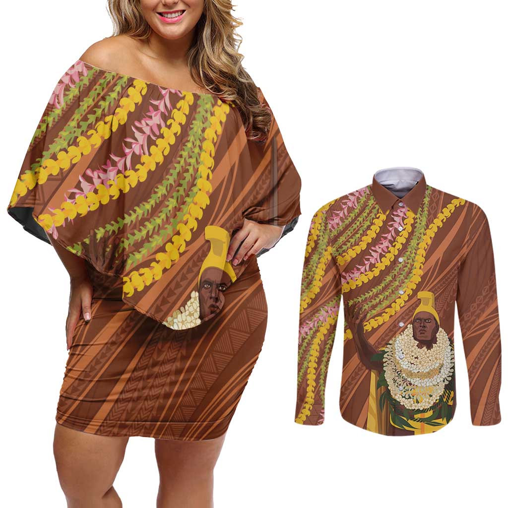 Hawaii King Kamehameha Couples Matching Off Shoulder Short Dress and Long Sleeve Button Shirt Hawaiian Kakau Pattern With Leis