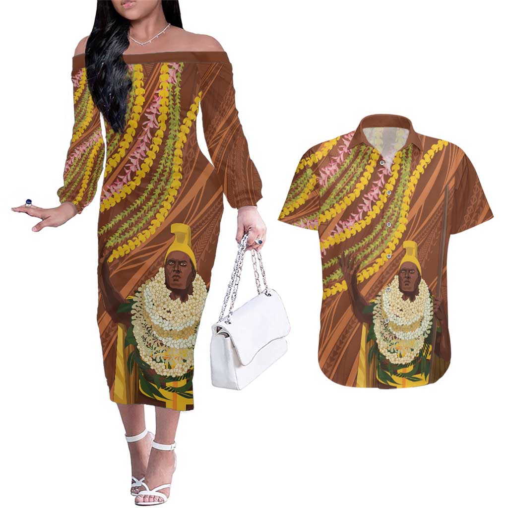 Hawaii King Kamehameha Couples Matching Off The Shoulder Long Sleeve Dress and Hawaiian Shirt Hawaiian Kakau Pattern With Leis