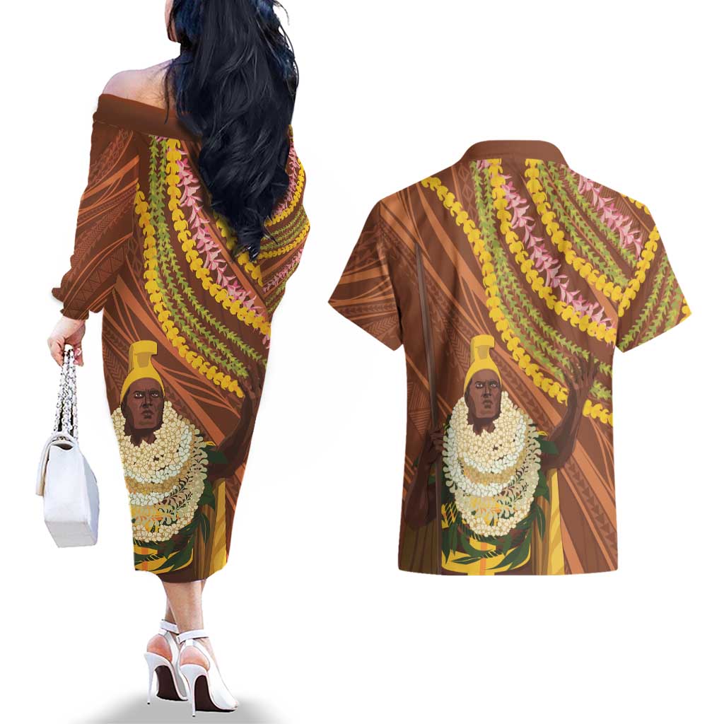 Hawaii King Kamehameha Couples Matching Off The Shoulder Long Sleeve Dress and Hawaiian Shirt Hawaiian Kakau Pattern With Leis