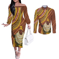 Hawaii King Kamehameha Couples Matching Off The Shoulder Long Sleeve Dress and Long Sleeve Button Shirt Hawaiian Kakau Pattern With Leis