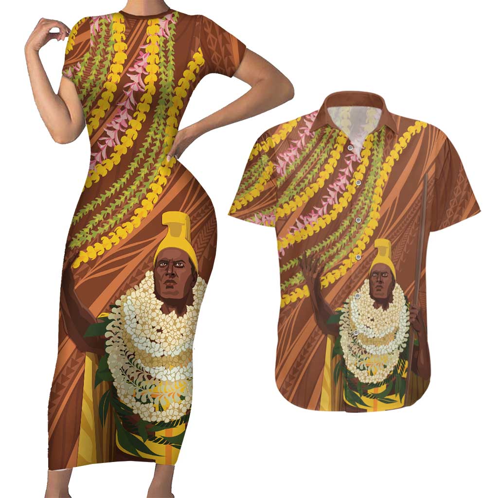 Hawaii King Kamehameha Couples Matching Short Sleeve Bodycon Dress and Hawaiian Shirt Hawaiian Kakau Pattern With Leis