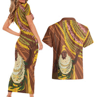 Hawaii King Kamehameha Couples Matching Short Sleeve Bodycon Dress and Hawaiian Shirt Hawaiian Kakau Pattern With Leis