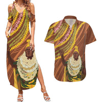 Hawaii King Kamehameha Couples Matching Summer Maxi Dress and Hawaiian Shirt Hawaiian Kakau Pattern With Leis