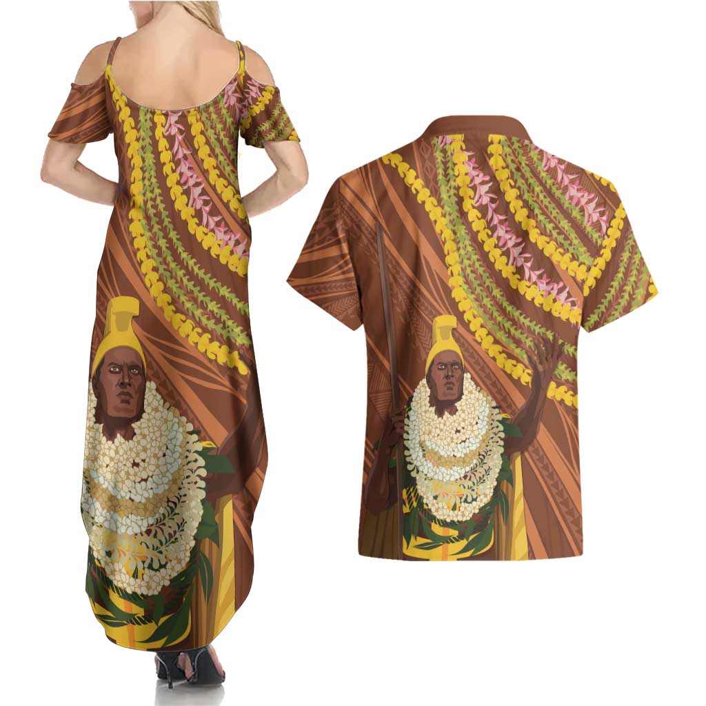 Hawaii King Kamehameha Couples Matching Summer Maxi Dress and Hawaiian Shirt Hawaiian Kakau Pattern With Leis