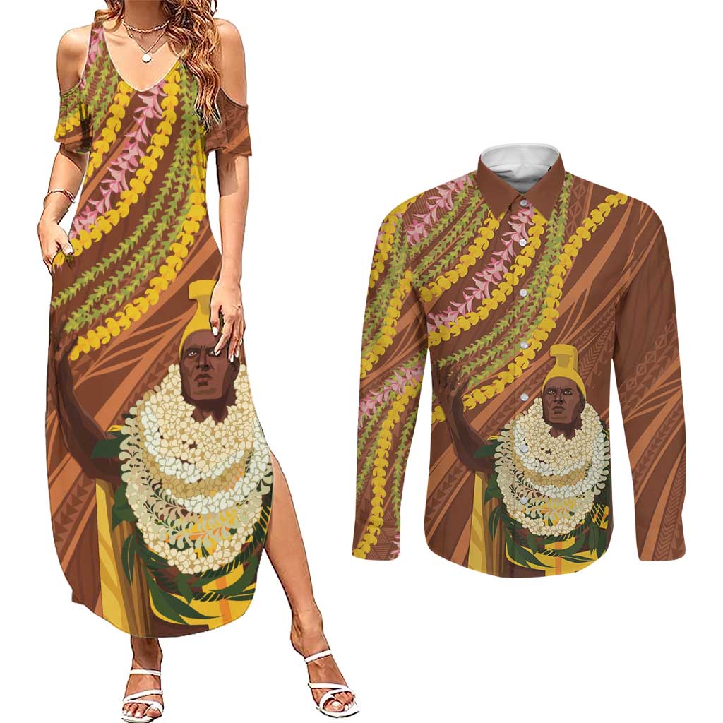 Hawaii King Kamehameha Couples Matching Summer Maxi Dress and Long Sleeve Button Shirt Hawaiian Kakau Pattern With Leis LT05 Brown - Polynesian Pride