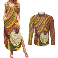 Hawaii King Kamehameha Couples Matching Summer Maxi Dress and Long Sleeve Button Shirt Hawaiian Kakau Pattern With Leis LT05 Brown - Polynesian Pride