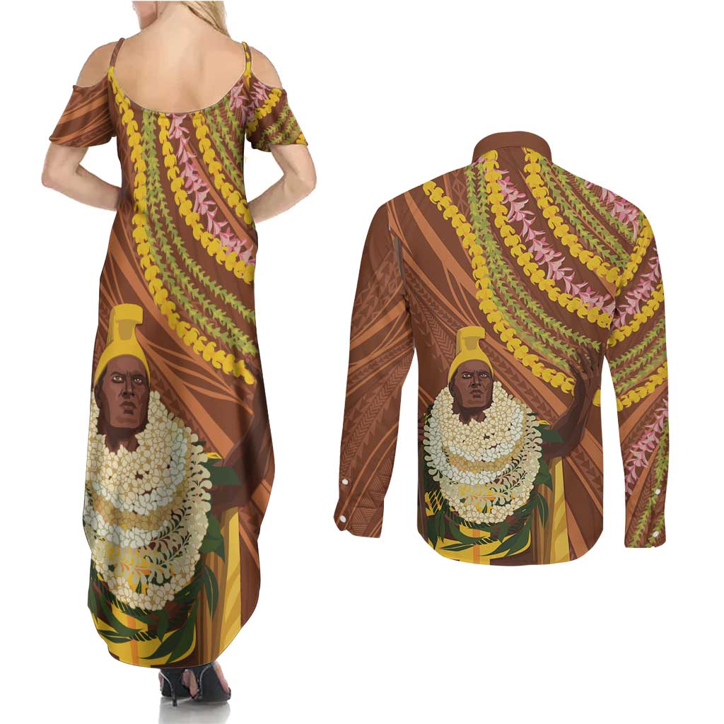 Hawaii King Kamehameha Couples Matching Summer Maxi Dress and Long Sleeve Button Shirt Hawaiian Kakau Pattern With Leis LT05 - Polynesian Pride