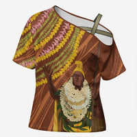 Hawaii King Kamehameha Cross Shoulder Shirt Hawaiian Kakau Pattern With Leis LT05 Female Brown - Polynesian Pride