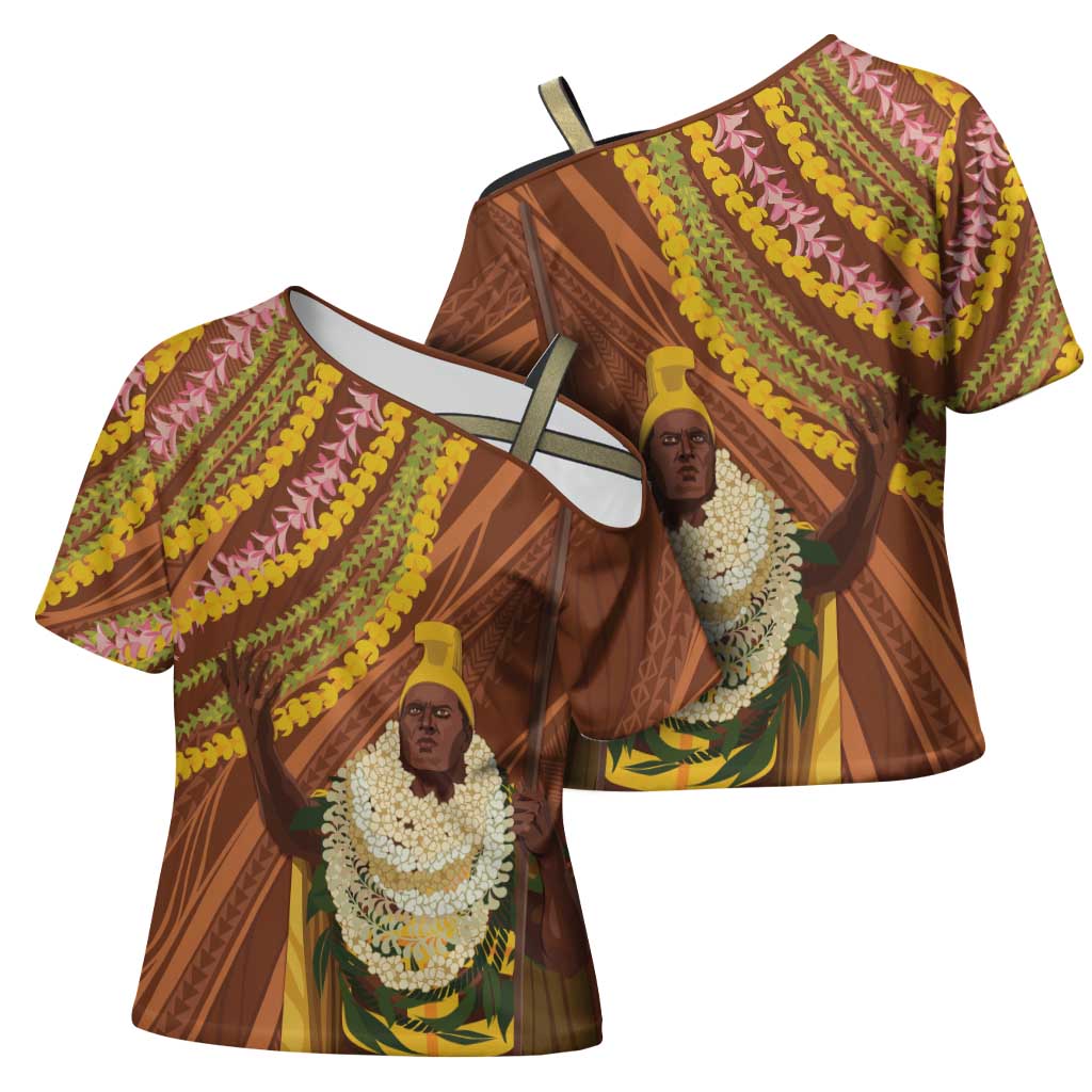 Hawaii King Kamehameha Cross Shoulder Shirt Hawaiian Kakau Pattern With Leis LT05 - Polynesian Pride