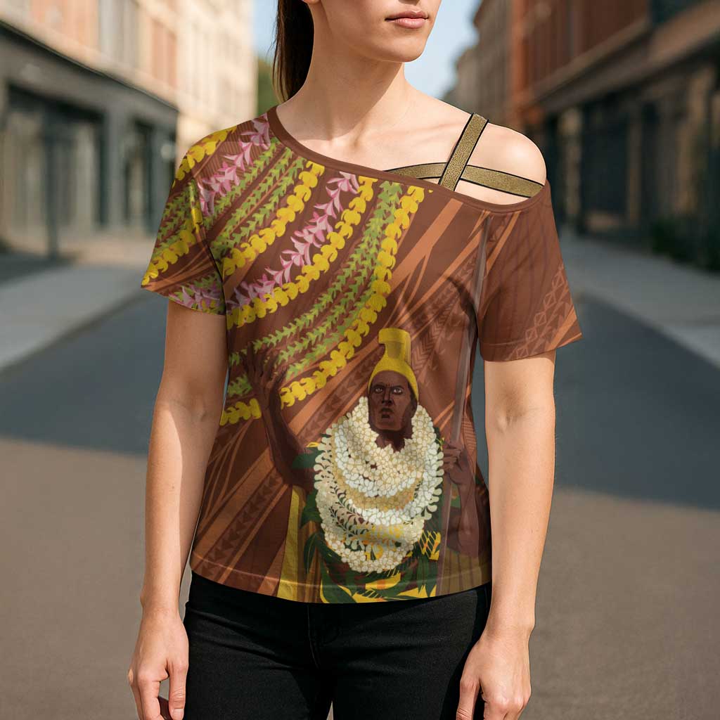 Hawaii King Kamehameha Cross Shoulder Shirt Hawaiian Kakau Pattern With Leis LT05 - Polynesian Pride