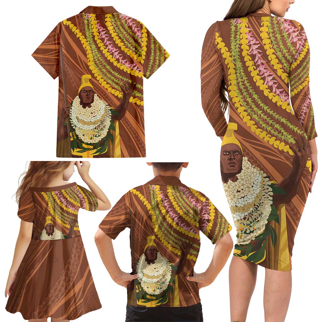 Hawaii King Kamehameha Family Matching Long Sleeve Bodycon Dress and Hawaiian Shirt Hawaiian Kakau Pattern With Leis