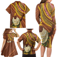 Hawaii King Kamehameha Family Matching Long Sleeve Bodycon Dress and Hawaiian Shirt Hawaiian Kakau Pattern With Leis