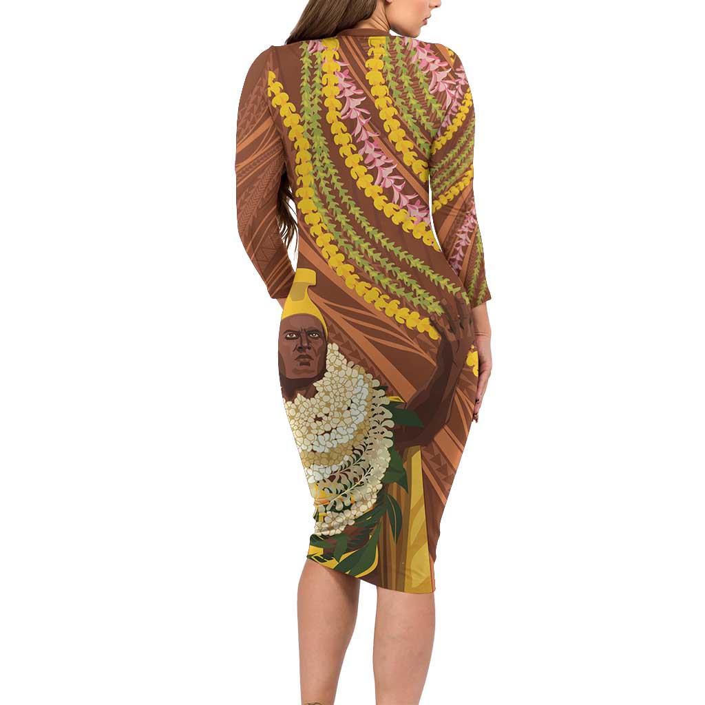 Hawaii King Kamehameha Family Matching Long Sleeve Bodycon Dress and Hawaiian Shirt Hawaiian Kakau Pattern With Leis