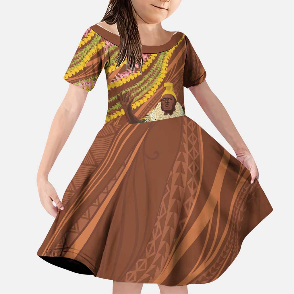 Hawaii King Kamehameha Family Matching Mermaid Dress and Hawaiian Shirt Hawaiian Kakau Pattern With Leis LT05 Daughter's Dress Brown - Polynesian Pride