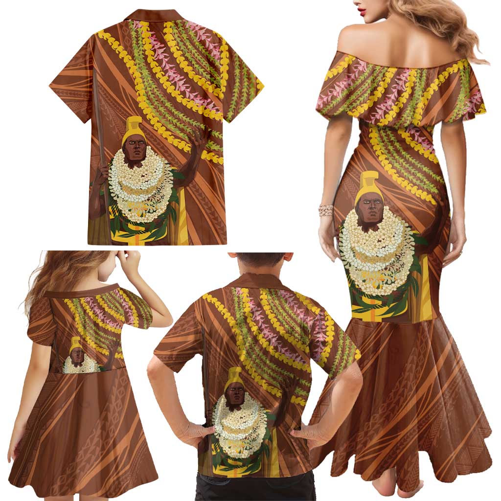 Hawaii King Kamehameha Family Matching Mermaid Dress and Hawaiian Shirt Hawaiian Kakau Pattern With Leis LT05 - Polynesian Pride