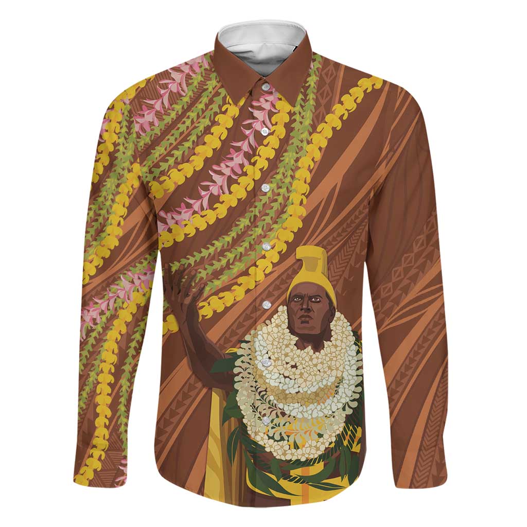 Hawaii King Kamehameha Family Matching Mermaid Dress and Hawaiian Shirt Hawaiian Kakau Pattern With Leis LT05 Dad's Shirt - Long Sleeve Brown - Polynesian Pride