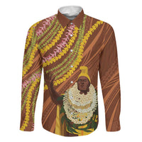 Hawaii King Kamehameha Family Matching Mermaid Dress and Hawaiian Shirt Hawaiian Kakau Pattern With Leis LT05 Dad's Shirt - Long Sleeve Brown - Polynesian Pride