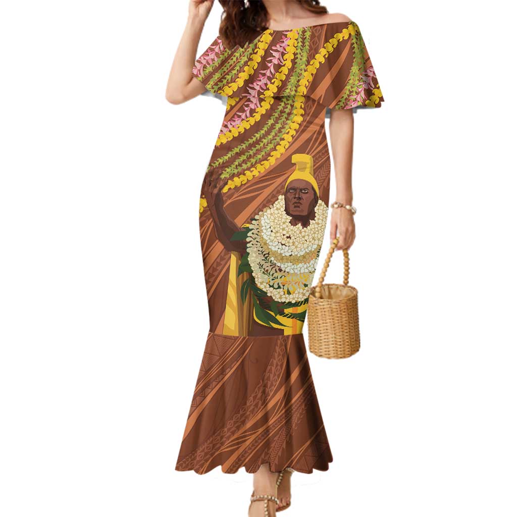 Hawaii King Kamehameha Family Matching Mermaid Dress and Hawaiian Shirt Hawaiian Kakau Pattern With Leis LT05 Mom's Dress Brown - Polynesian Pride