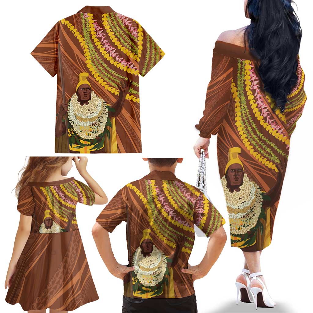 Hawaii King Kamehameha Family Matching Off The Shoulder Long Sleeve Dress and Hawaiian Shirt Hawaiian Kakau Pattern With Leis