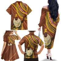 Hawaii King Kamehameha Family Matching Off The Shoulder Long Sleeve Dress and Hawaiian Shirt Hawaiian Kakau Pattern With Leis