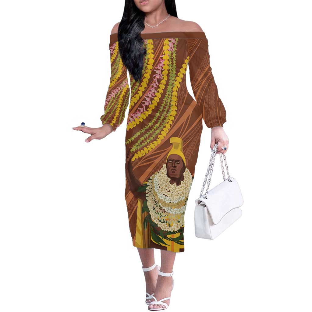 Hawaii King Kamehameha Family Matching Off The Shoulder Long Sleeve Dress and Hawaiian Shirt Hawaiian Kakau Pattern With Leis