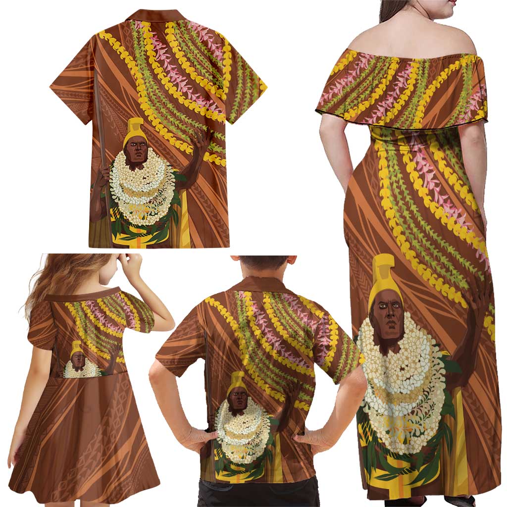 Hawaii King Kamehameha Family Matching Off Shoulder Maxi Dress and Hawaiian Shirt Hawaiian Kakau Pattern With Leis