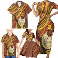 Hawaii King Kamehameha Family Matching Short Sleeve Bodycon Dress and Hawaiian Shirt Hawaiian Kakau Pattern With Leis