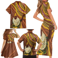 Hawaii King Kamehameha Family Matching Short Sleeve Bodycon Dress and Hawaiian Shirt Hawaiian Kakau Pattern With Leis