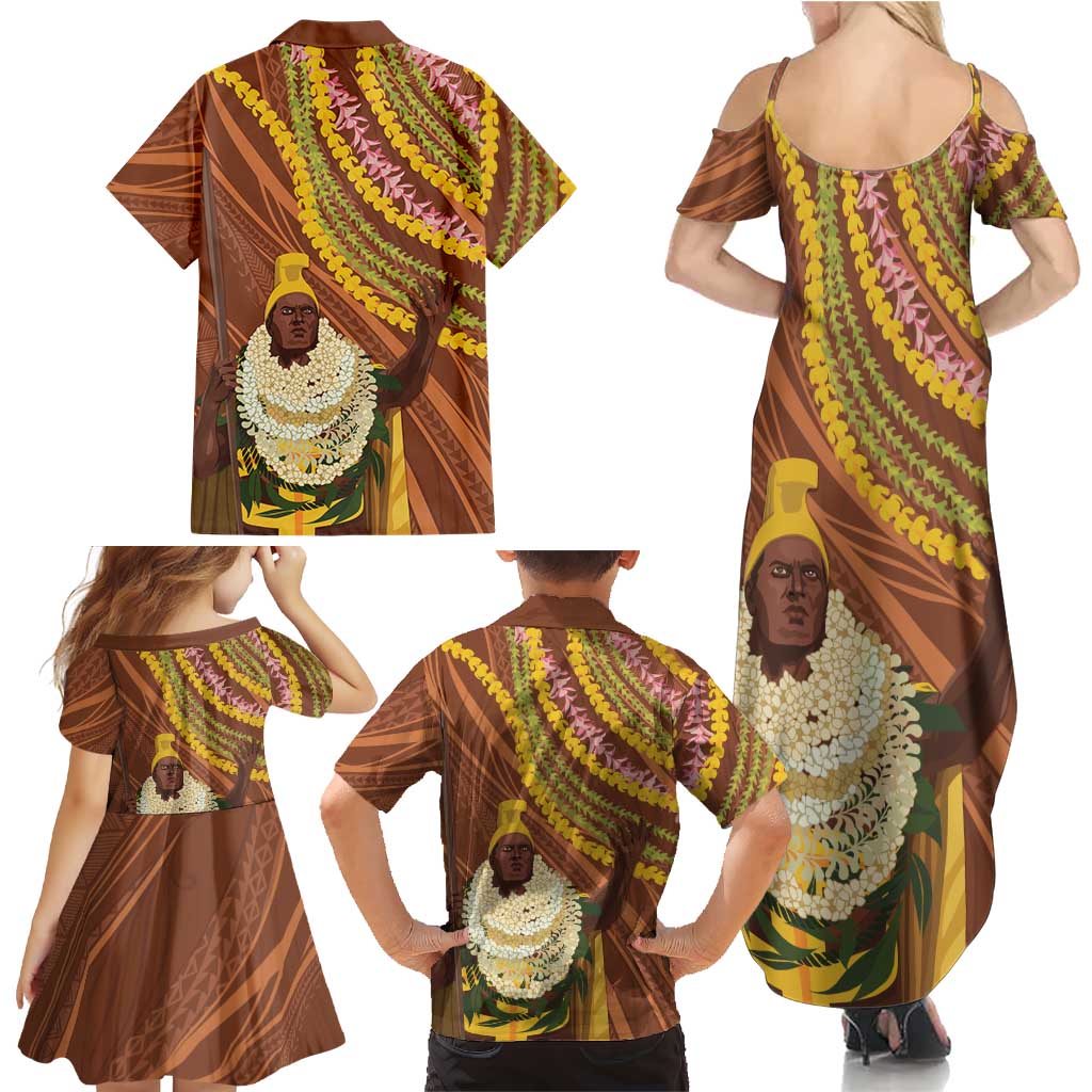 Hawaii King Kamehameha Family Matching Summer Maxi Dress and Hawaiian Shirt Hawaiian Kakau Pattern With Leis