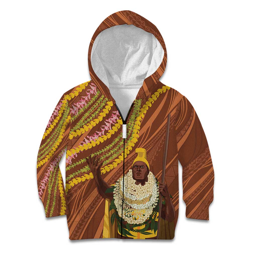 Hawaii King Kamehameha Kid Hoodie Hawaiian Kakau Pattern With Leis LT05 Zip Hoodie Brown - Polynesian Pride