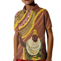 Hawaii King Kamehameha Kid Polo Shirt Hawaiian Kakau Pattern With Leis LT05 Kid Brown - Polynesian Pride