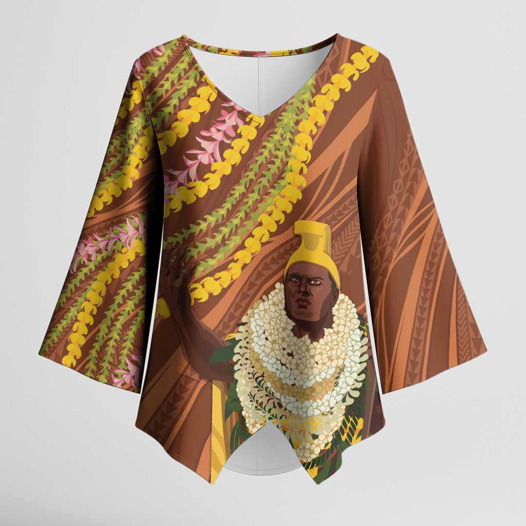 Hawaii King Kamehameha Kimono Sleeve Blouse Hawaiian Kakau Pattern With Leis LT05 Female Brown - Polynesian Pride