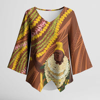 Hawaii King Kamehameha Kimono Sleeve Blouse Hawaiian Kakau Pattern With Leis LT05 Female Brown - Polynesian Pride