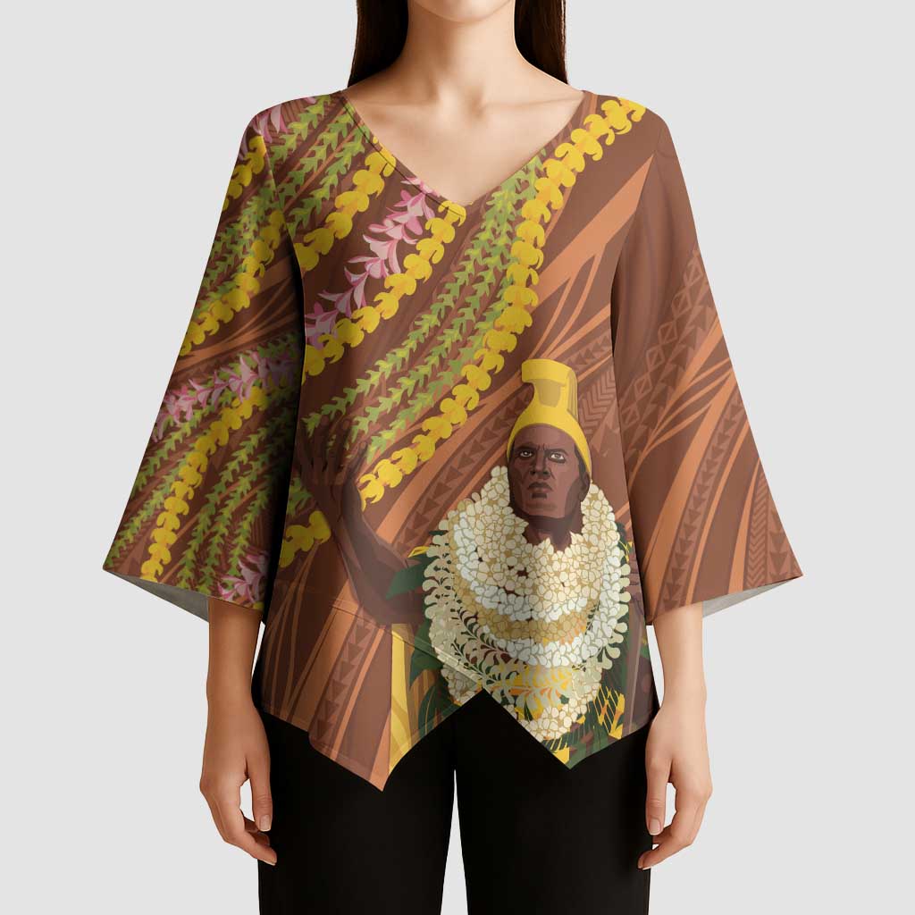 Hawaii King Kamehameha Kimono Sleeve Blouse Hawaiian Kakau Pattern With Leis LT05 - Polynesian Pride