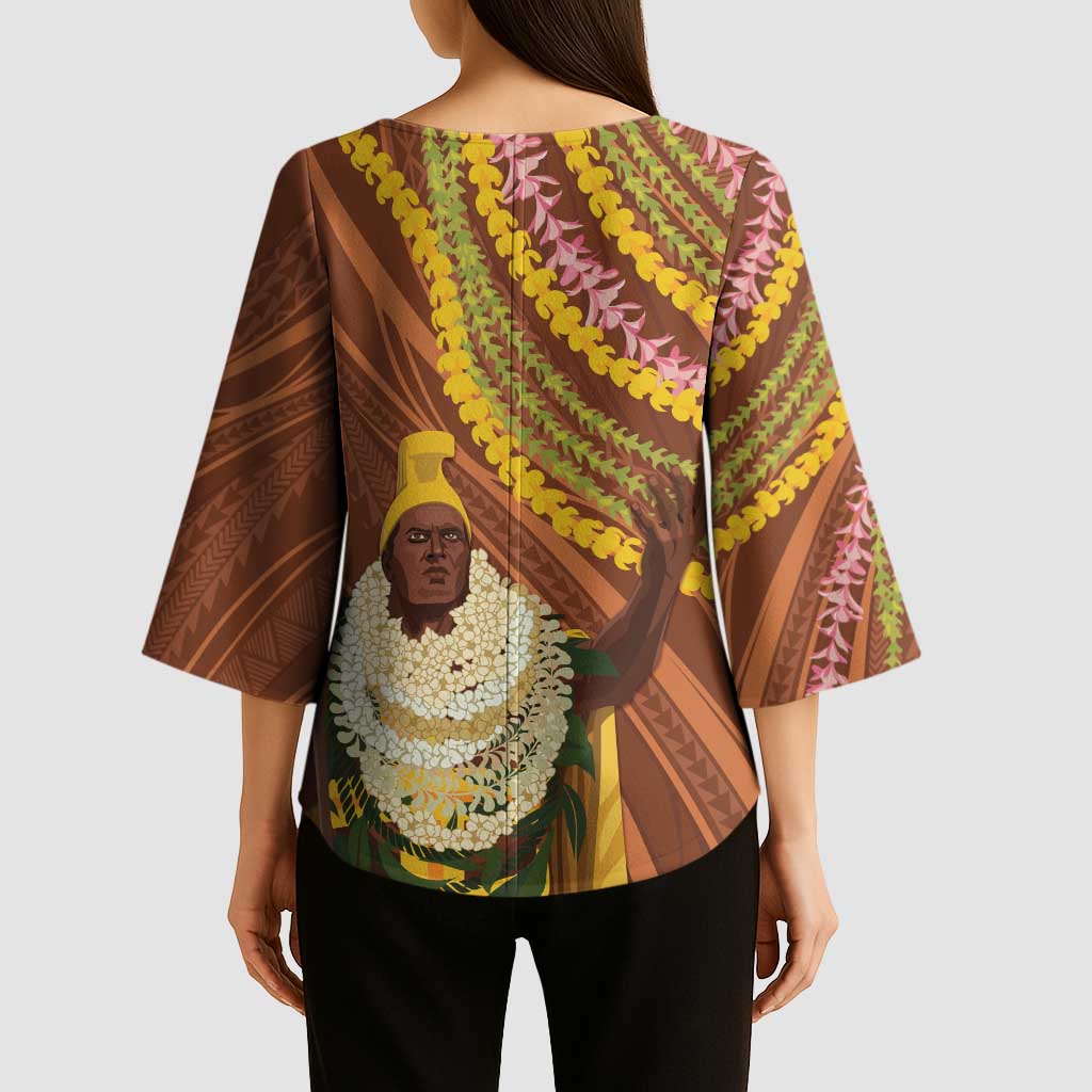 Hawaii King Kamehameha Kimono Sleeve Blouse Hawaiian Kakau Pattern With Leis LT05 - Polynesian Pride