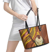Hawaii King Kamehameha Leather Tote Bag Hawaiian Kakau Pattern With Leis LT05 - Polynesian Pride