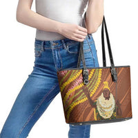 Hawaii King Kamehameha Leather Tote Bag Hawaiian Kakau Pattern With Leis LT05 - Polynesian Pride