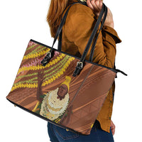 Hawaii King Kamehameha Leather Tote Bag Hawaiian Kakau Pattern With Leis LT05 - Polynesian Pride