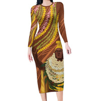 Hawaii King Kamehameha Long Sleeve Bodycon Dress Hawaiian Kakau Pattern With Leis