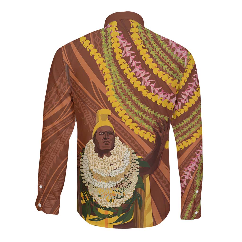 Hawaii King Kamehameha Long Sleeve Button Shirt Hawaiian Kakau Pattern With Leis