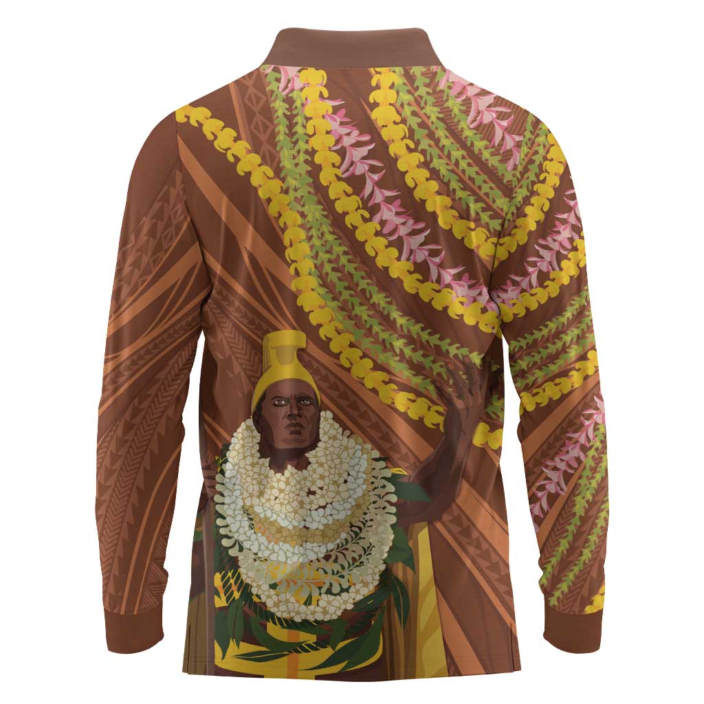 Hawaii King Kamehameha Long Sleeve Polo Shirt Hawaiian Kakau Pattern With Leis