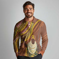 Hawaii King Kamehameha Long Sleeve Polo Shirt Hawaiian Kakau Pattern With Leis