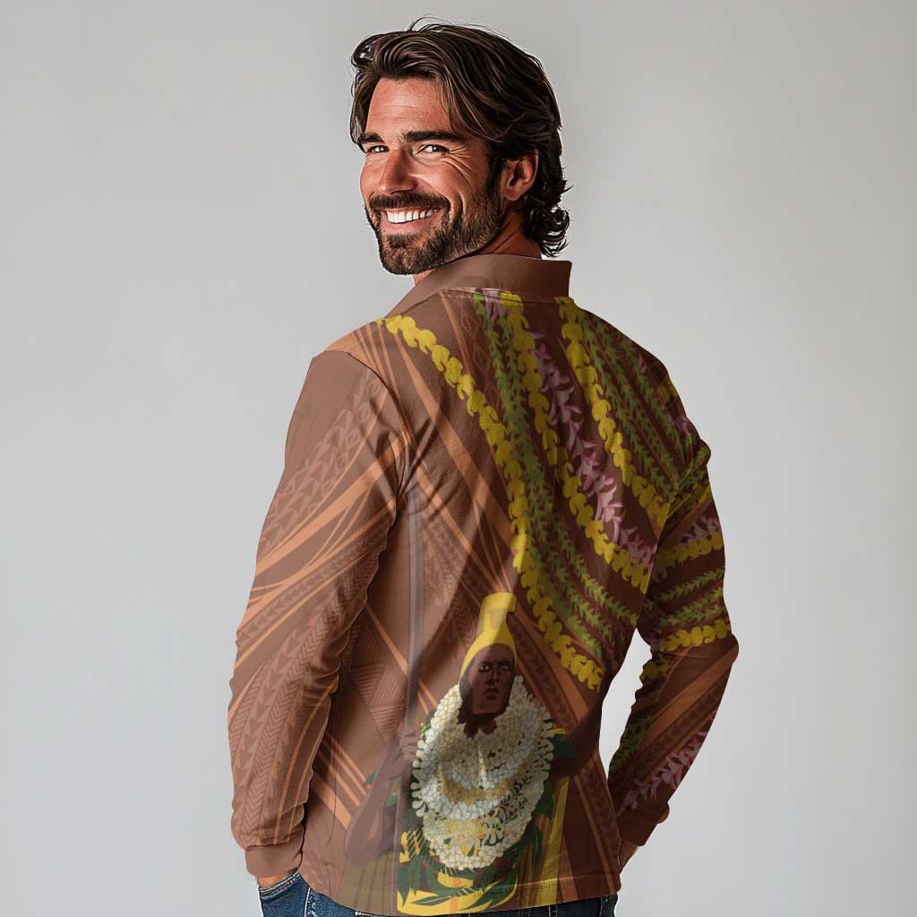 Hawaii King Kamehameha Long Sleeve Polo Shirt Hawaiian Kakau Pattern With Leis