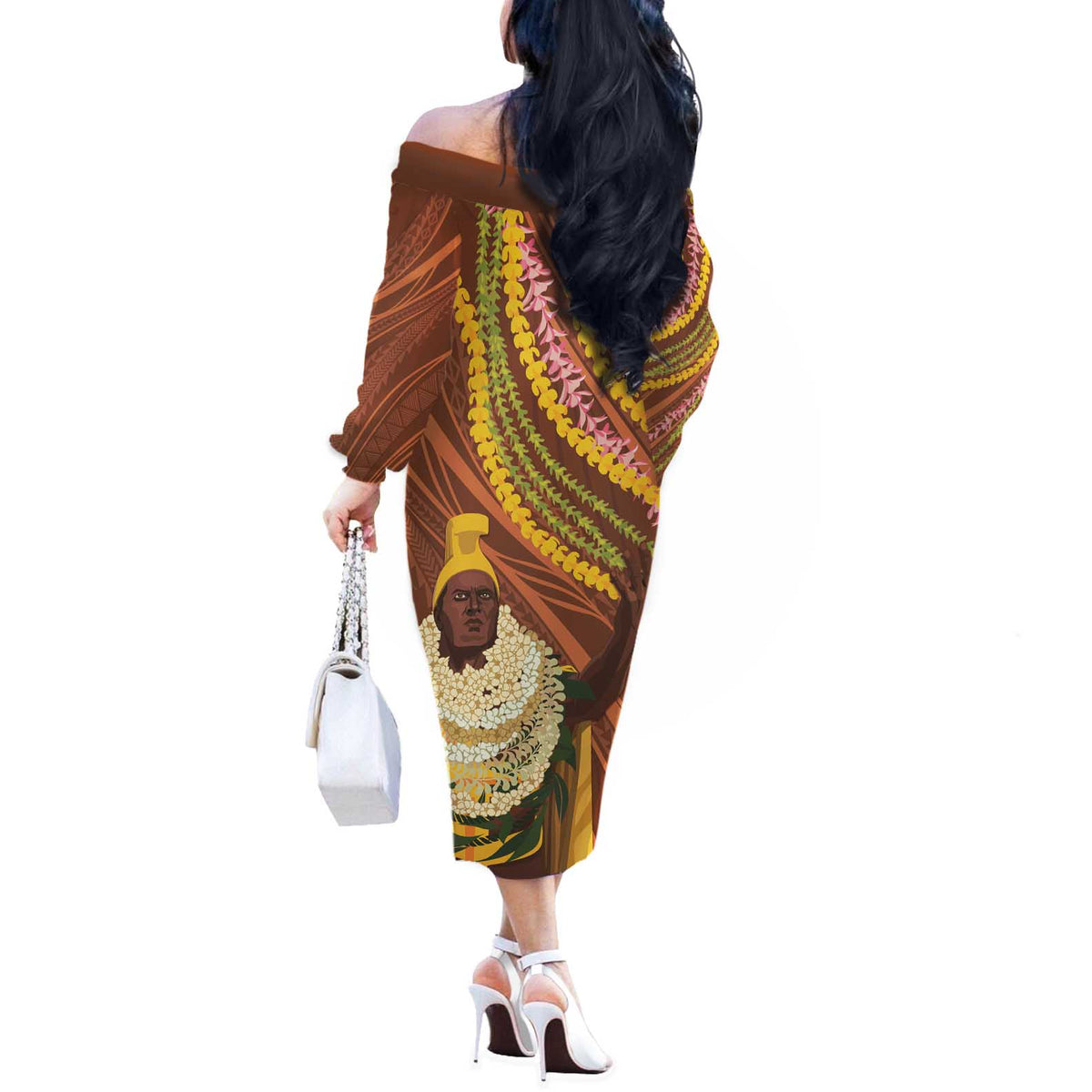 Hawaii King Kamehameha Off The Shoulder Long Sleeve Dress Hawaiian Kakau Pattern With Leis