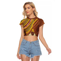 Hawaii King Kamehameha Raglan Cropped T Shirt Hawaiian Kakau Pattern With Leis LT05 Female Brown - Polynesian Pride