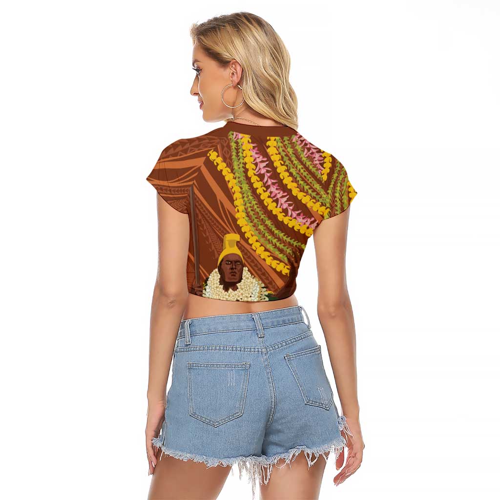 Hawaii King Kamehameha Raglan Cropped T Shirt Hawaiian Kakau Pattern With Leis LT05 - Polynesian Pride