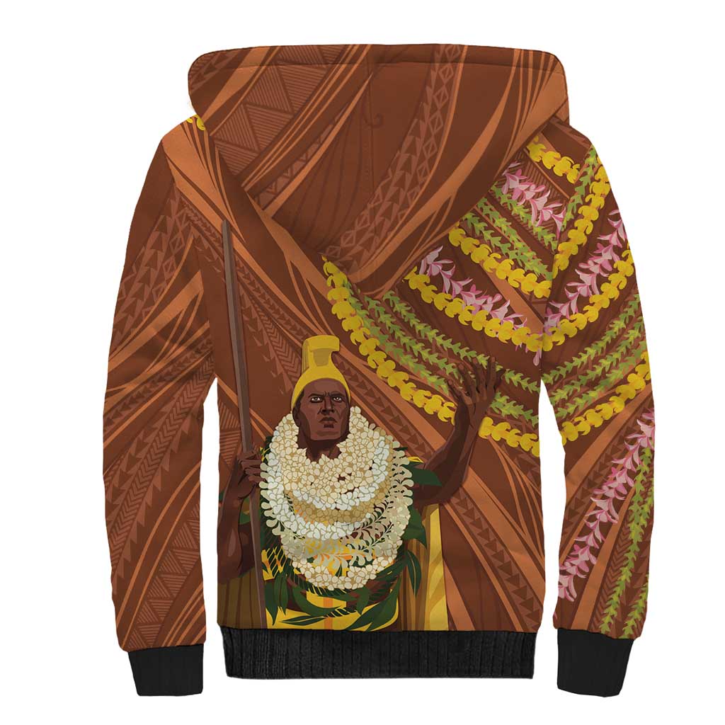 Hawaii King Kamehameha Sherpa Hoodie Hawaiian Kakau Pattern With Leis