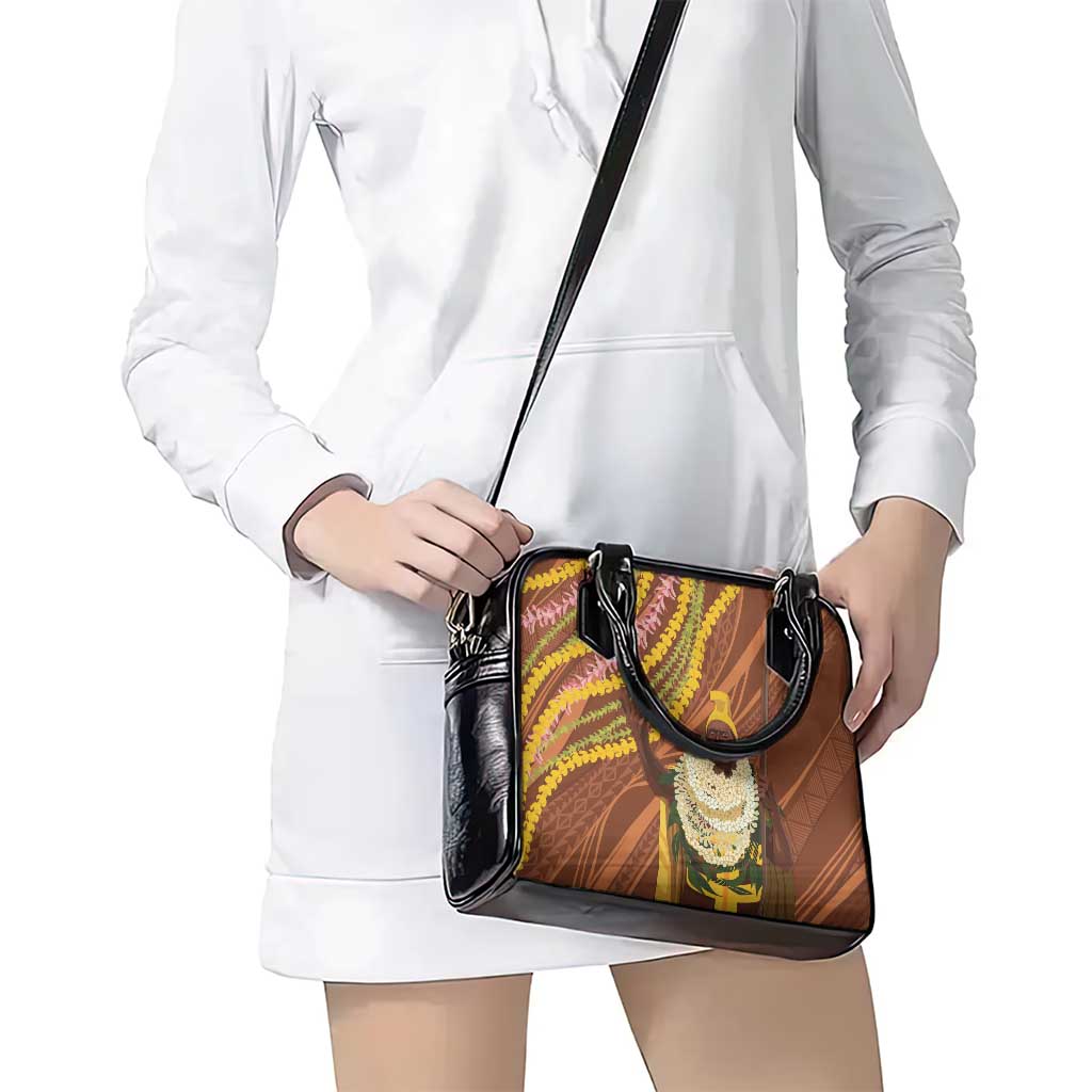 Hawaii King Kamehameha Shoulder Handbag Hawaiian Kakau Pattern With Leis
