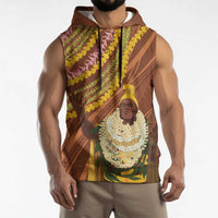Hawaii King Kamehameha Sleeveless Hoodie Hawaiian Kakau Pattern With Leis